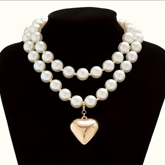 220. 2 Pieces/Set Exquisite Heart-Shaped Pendant Necklace - Faux Pearl Strands - Picture 4 of 4